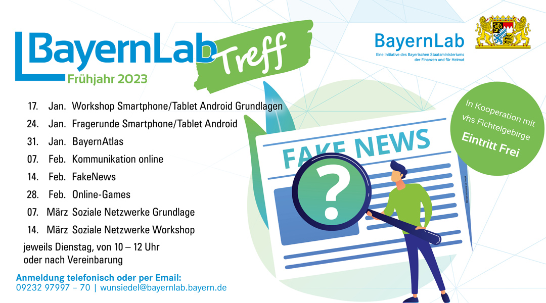 Grafik mit Terminen zum BayernLabTreff:am 17.Januar geht es mit einem Smartphone Workshop für Android für Einsteiger los.
